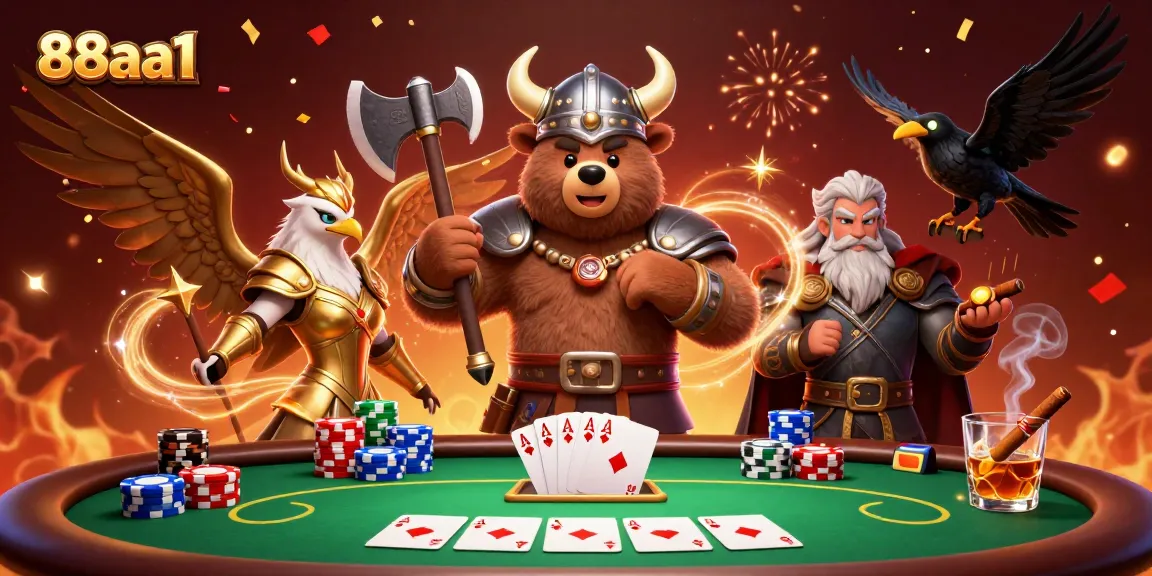 Engage in exciting poker gameplay at 88aa1 with our vibrant illustration featuring epic Viking characters.