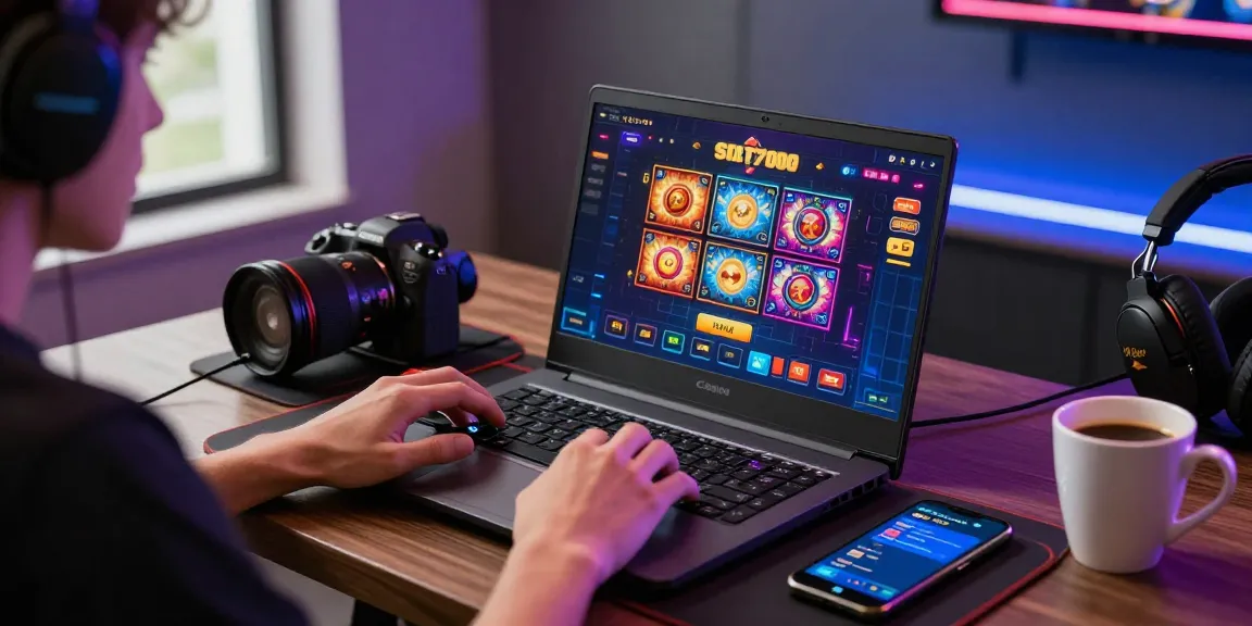 SLOT7000 online gaming experience with a player engaged on a laptop surrounded by gaming accessories in a vibrant atmosphere.