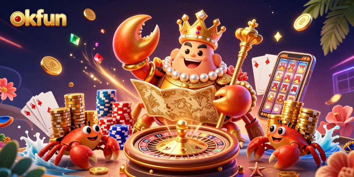 Experience the excitement of okfun with a golden crab emperor in a vibrant casino scene.