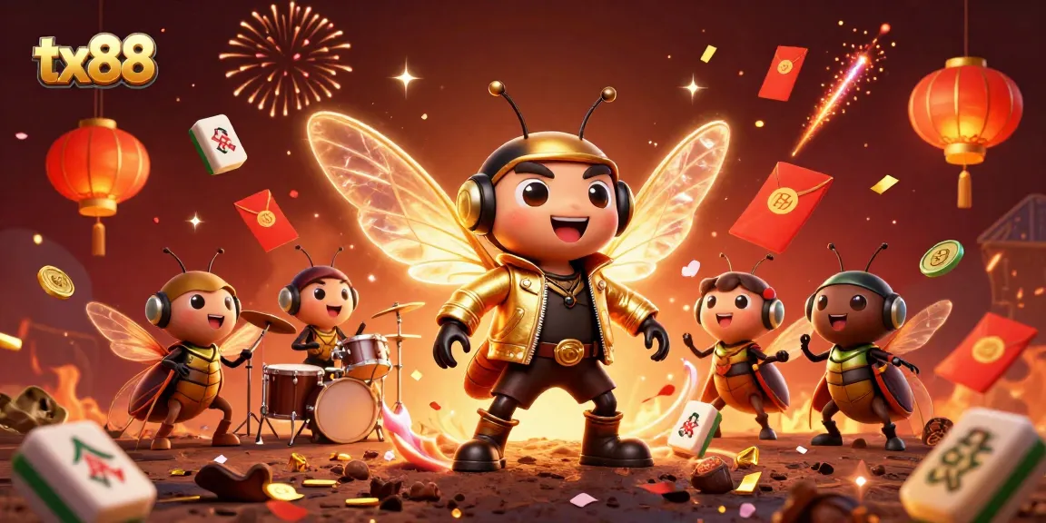 Experience the thrill of tx88 as a cicada rock star performs in a vibrant casino-themed scene.