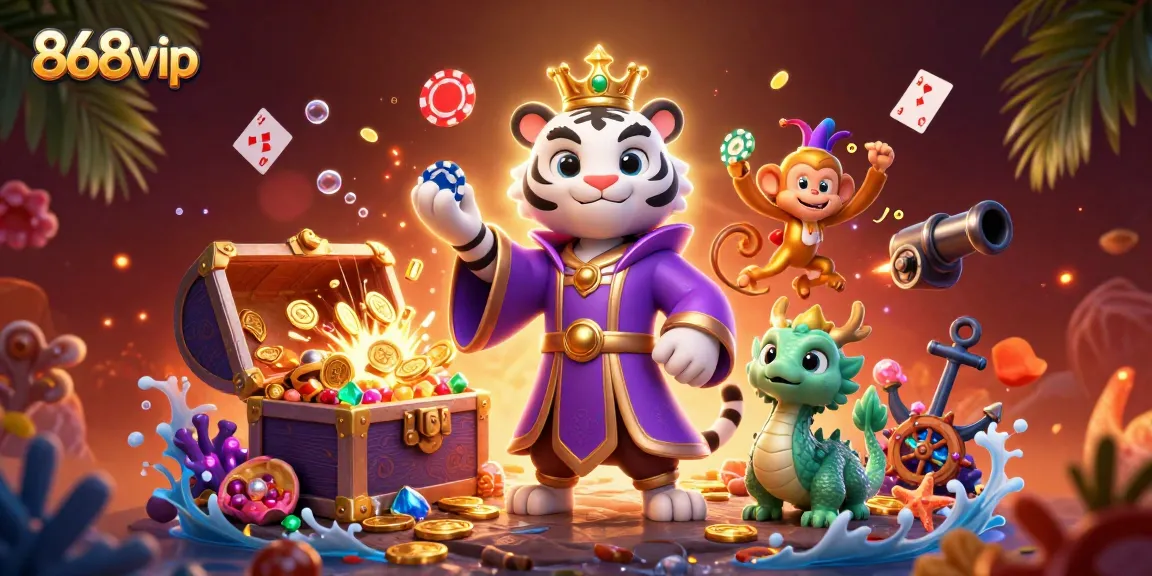 Experience excitement at 868vip as the white tiger, monkey, and dragon celebrate wins with floating treasures.