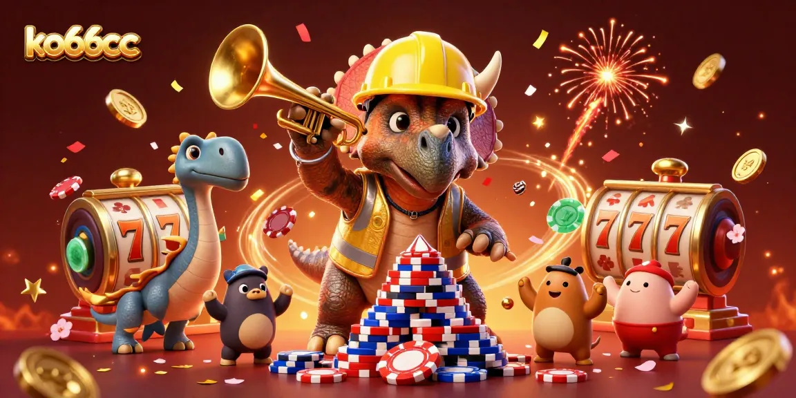 Engage in thrilling wins with ko66cc as a triceratops builds a poker chip pyramid amid festive celebrations.