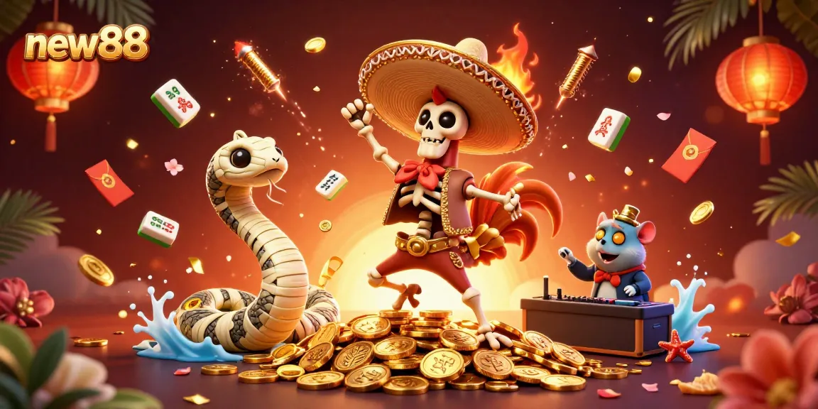 Experience the thrill of new88 with a vibrant, animated casino scene packed with dynamic characters.