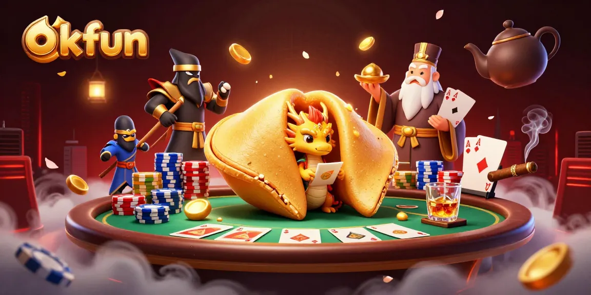 Win big at okfun with a magical 3D illustration of a golden fortune cookie and poker elements.